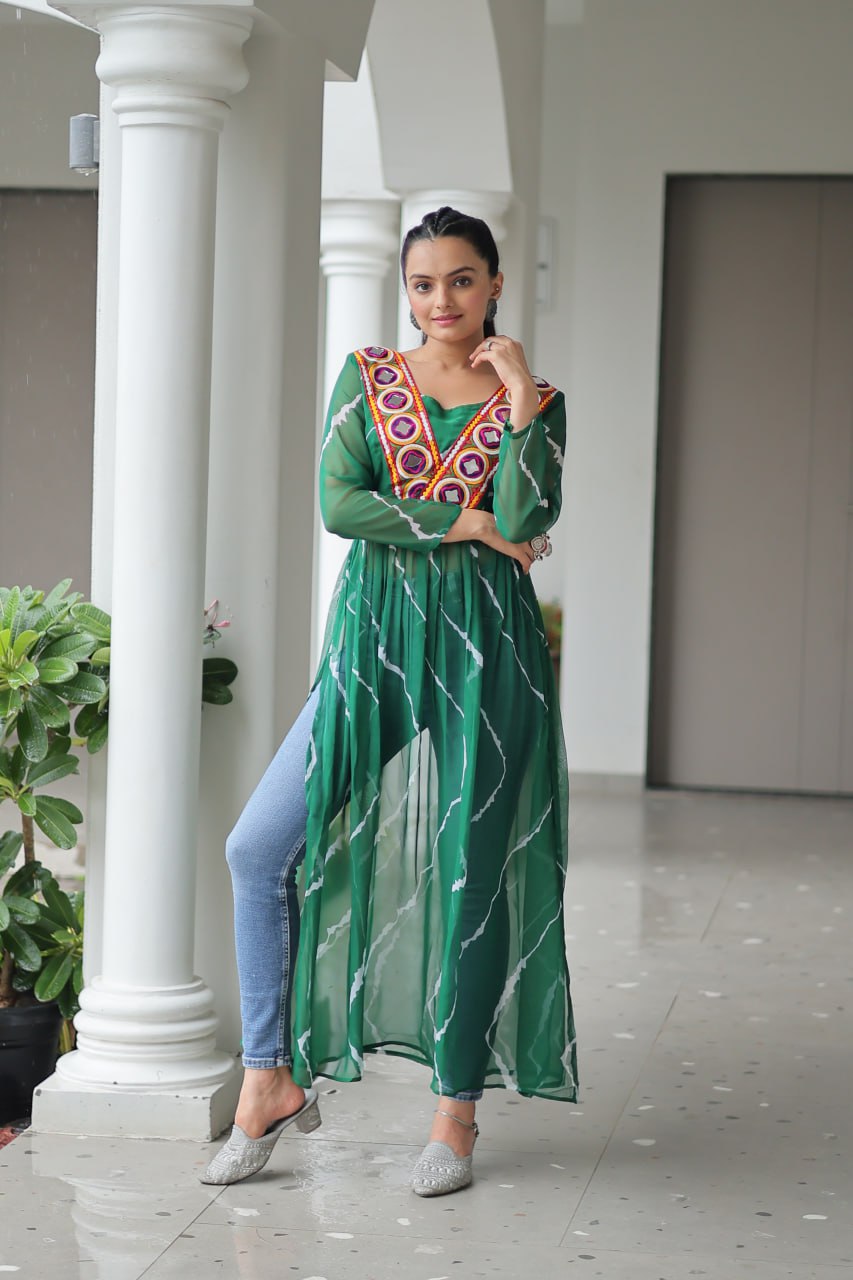 Green Leheriya Print Work With Kutchi Patchework Navratri Kurti