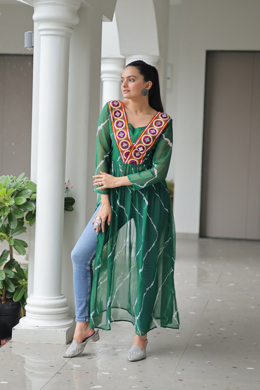 Green Leheriya Print Work With Kutchi Patchework Navratri Kurti