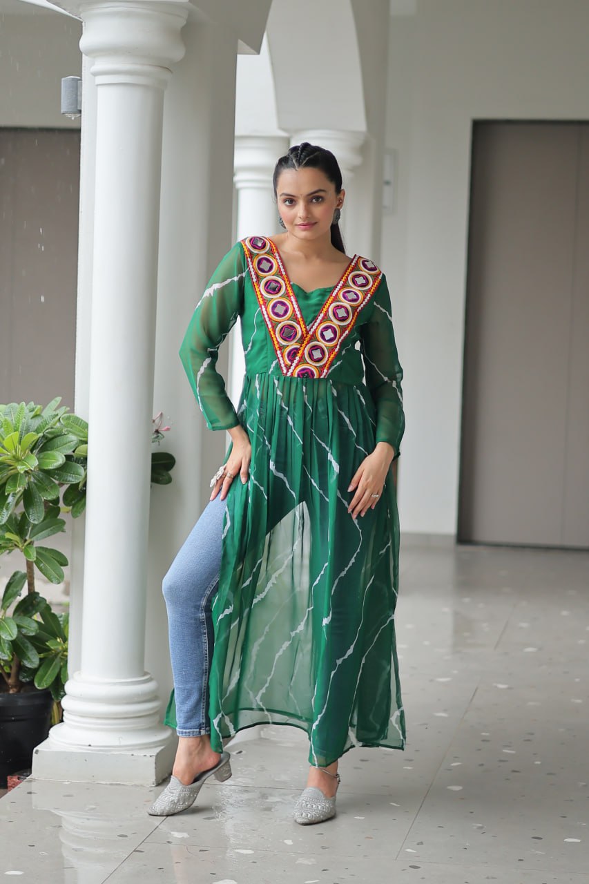 Green Leheriya Print Work With Kutchi Patchework Navratri Kurti