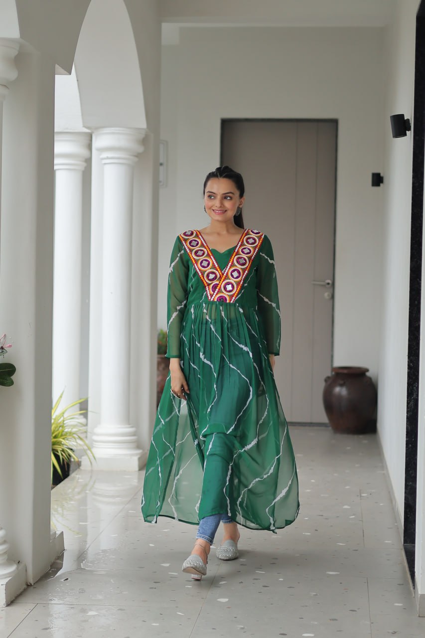 Green Leheriya Print Work With Kutchi Patchework Navratri Kurti