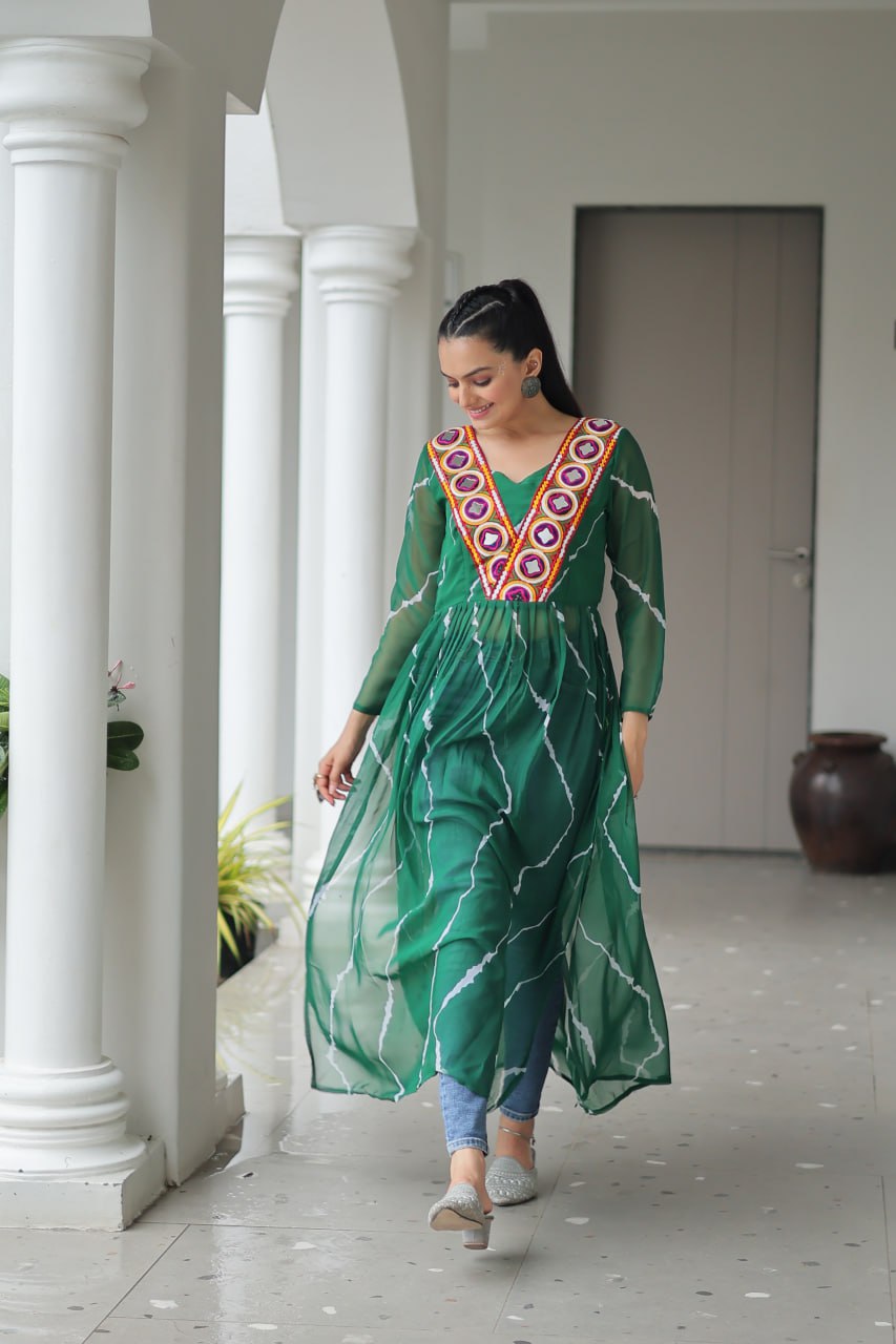 Green Leheriya Print Work With Kutchi Patchework Navratri Kurti