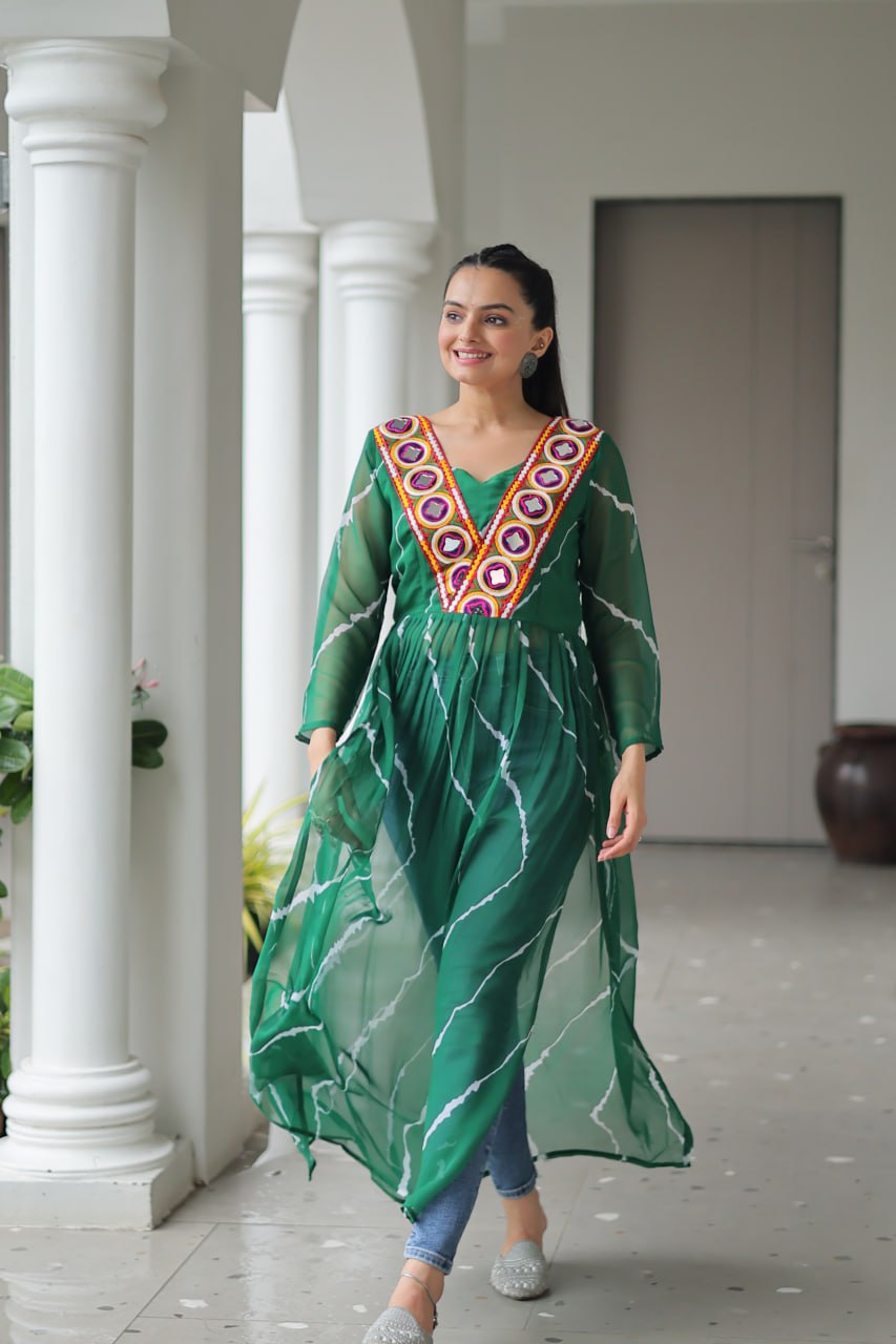 Green Leheriya Print Work With Kutchi Patchework Navratri Kurti
