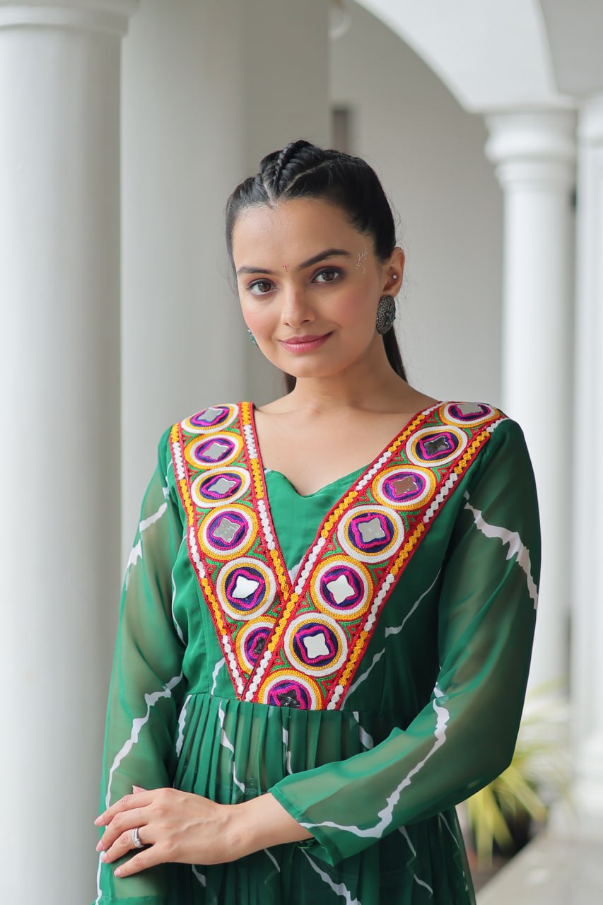 Green Leheriya Print Work With Kutchi Patchework Navratri Kurti