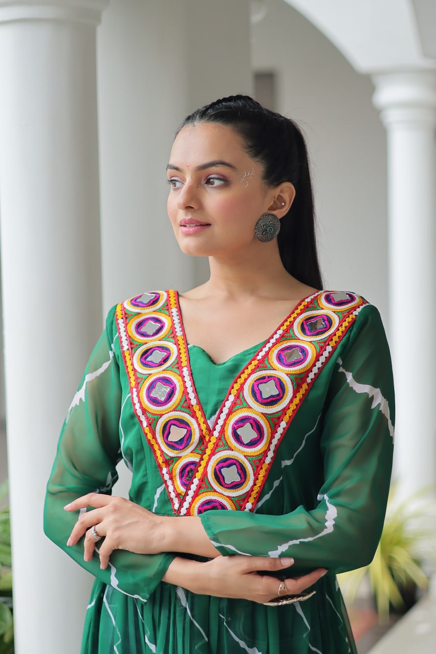 Green Leheriya Print Work With Kutchi Patchework Navratri Kurti