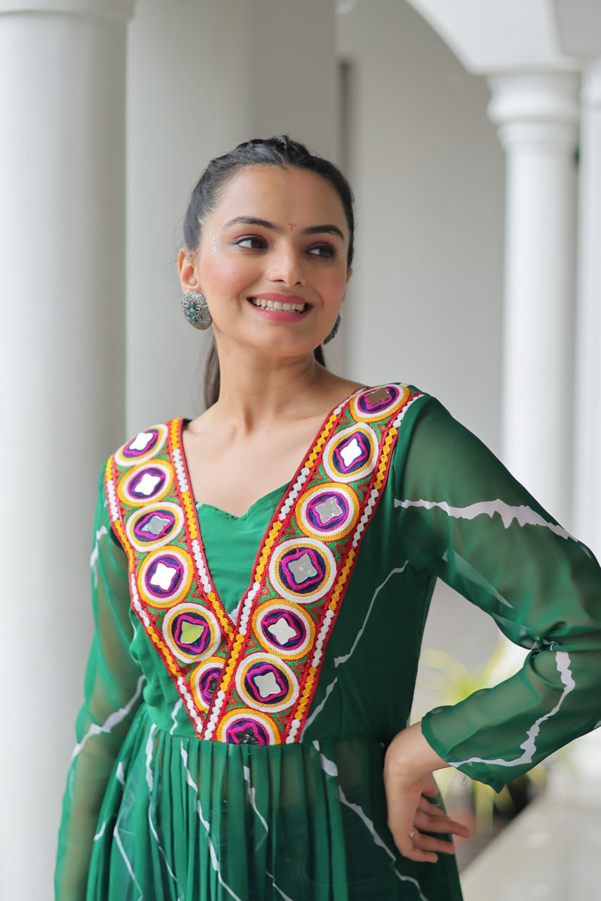 Green Leheriya Print Work With Kutchi Patchework Navratri Kurti