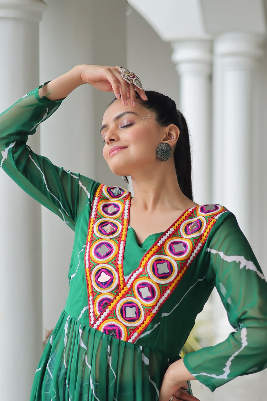 Green Leheriya Print Work With Kutchi Patchework Navratri Kurti