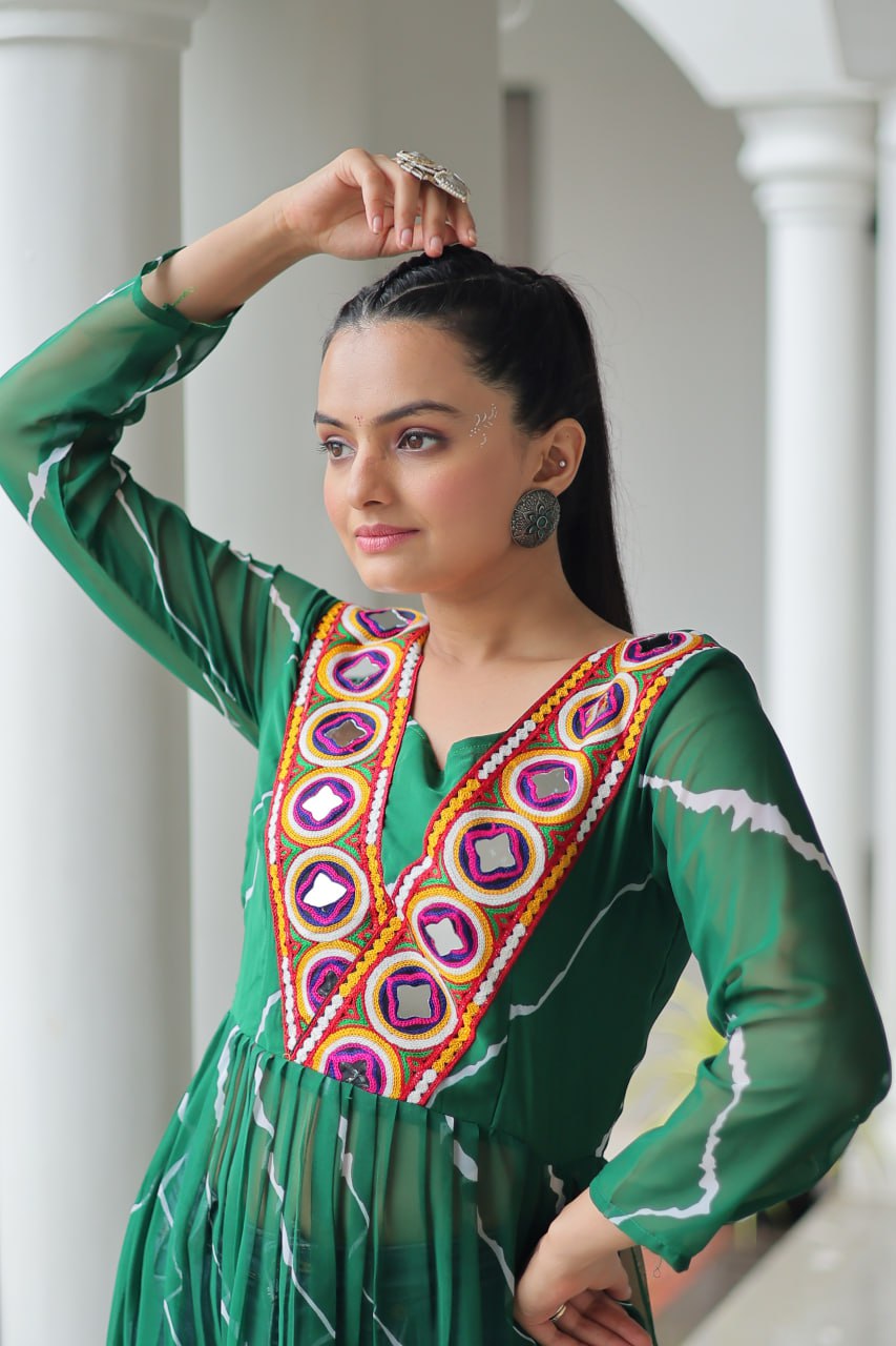Green Leheriya Print Work With Kutchi Patchework Navratri Kurti