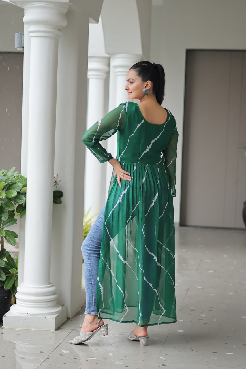 Green Leheriya Print Work With Kutchi Patchework Navratri Kurti