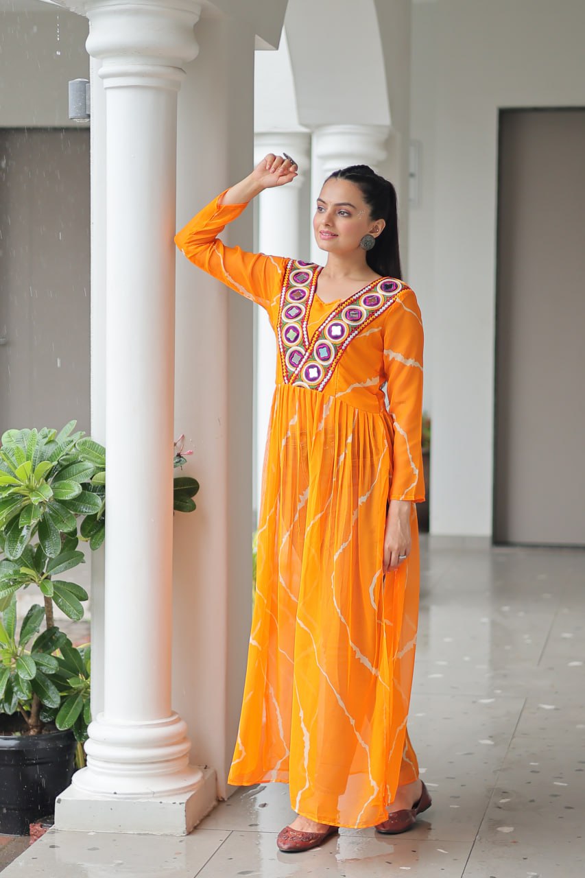 Yellow Leheriya Print Work With Kutchi Patchework Navratri Kurti