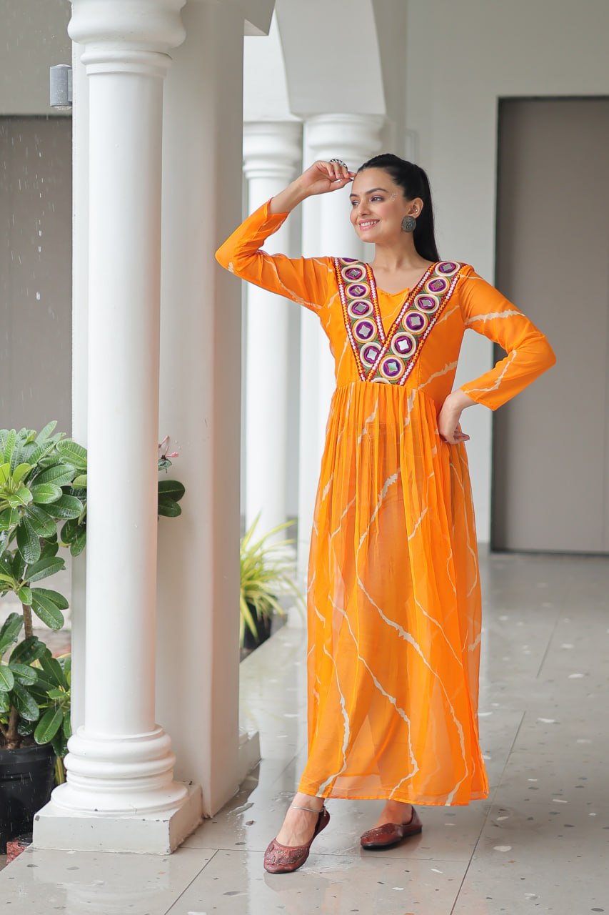 Yellow Leheriya Print Work With Kutchi Patchework Navratri Kurti
