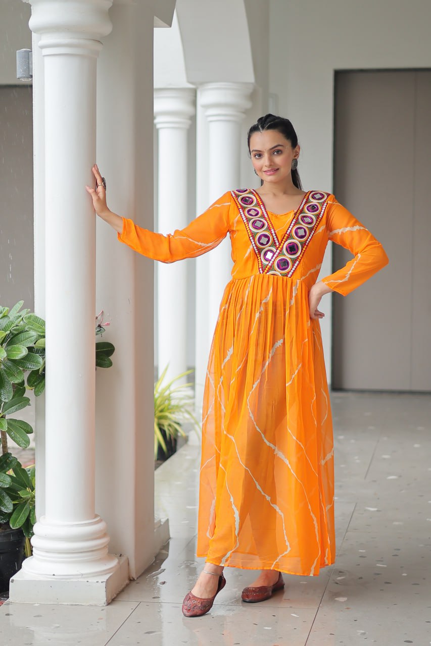 Yellow Leheriya Print Work With Kutchi Patchework Navratri Kurti