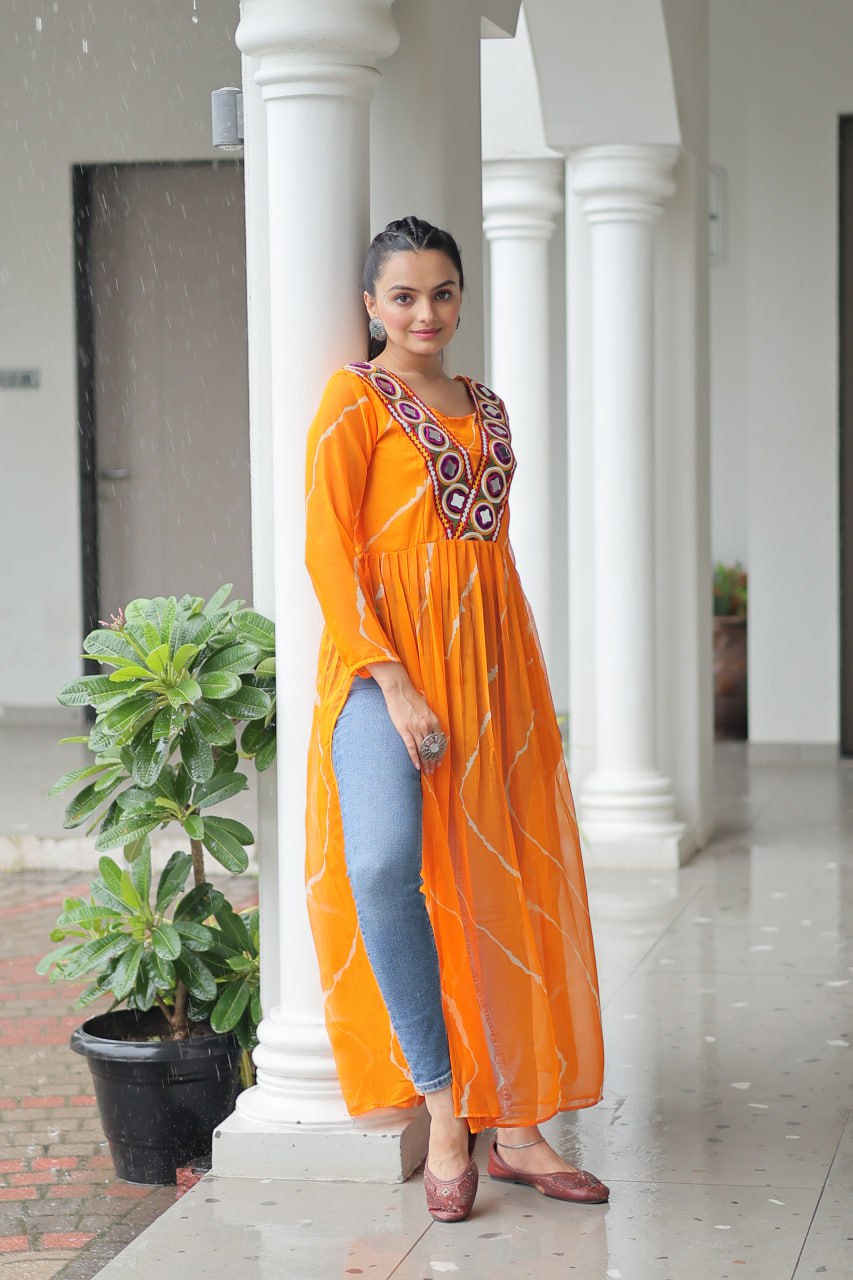 Yellow Leheriya Print Work With Kutchi Patchework Navratri Kurti