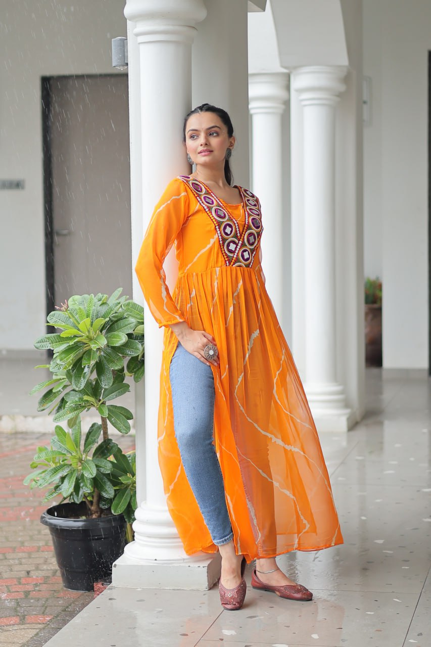 Yellow Leheriya Print Work With Kutchi Patchework Navratri Kurti