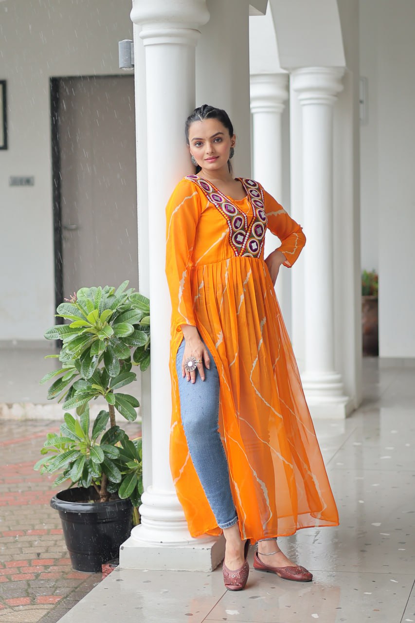 Yellow Leheriya Print Work With Kutchi Patchework Navratri Kurti