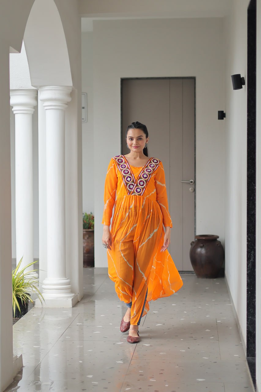 Yellow Leheriya Print Work With Kutchi Patchework Navratri Kurti
