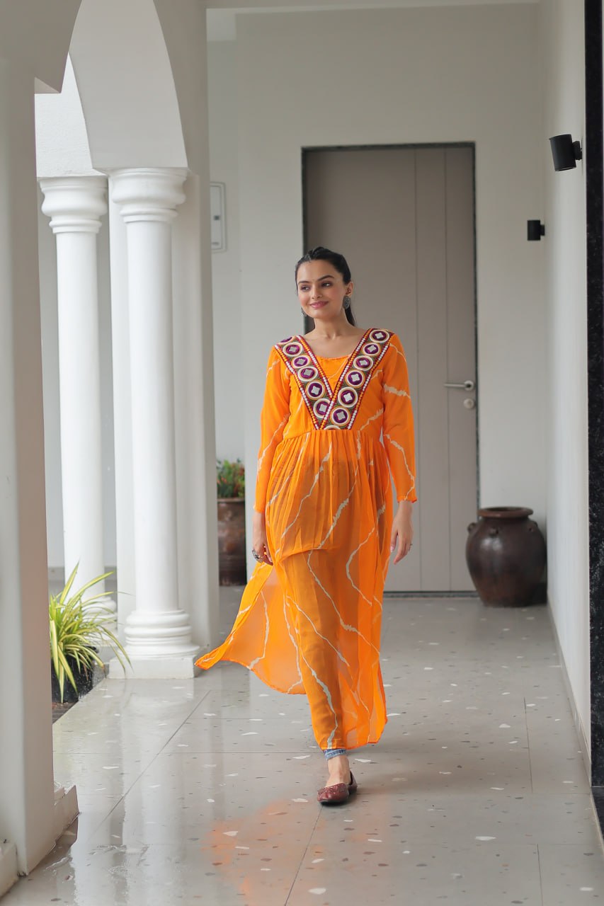 Yellow Leheriya Print Work With Kutchi Patchework Navratri Kurti