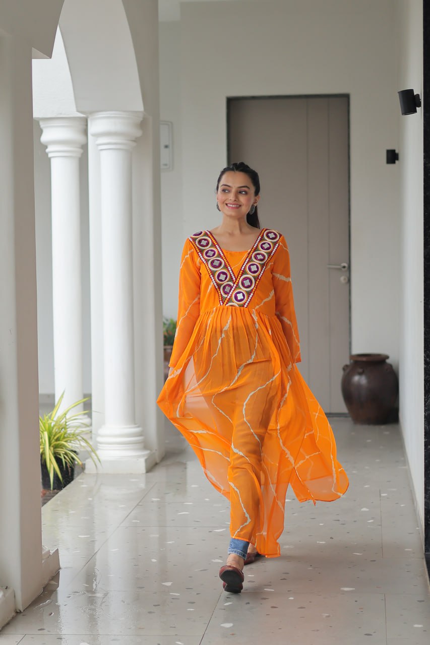 Yellow Leheriya Print Work With Kutchi Patchework Navratri Kurti