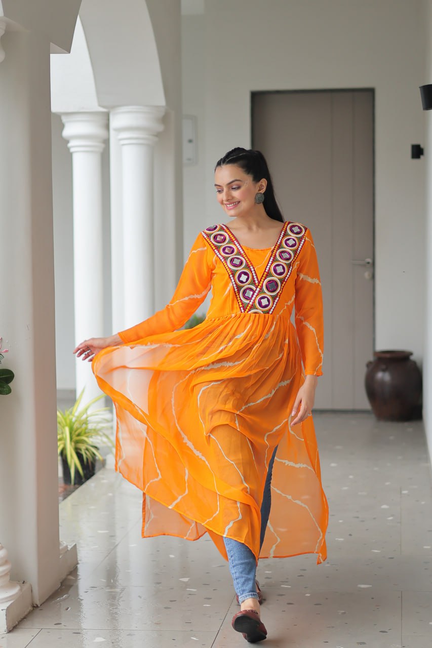Yellow Leheriya Print Work With Kutchi Patchework Navratri Kurti