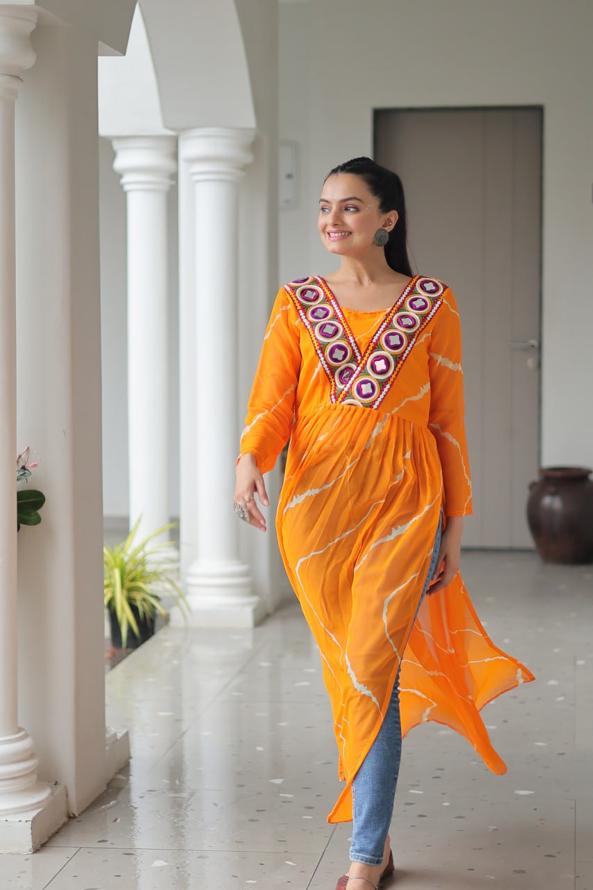 Yellow Leheriya Print Work With Kutchi Patchework Navratri Kurti