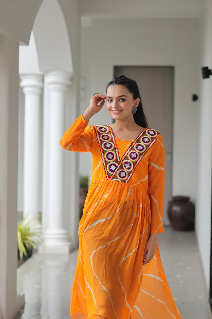 Yellow Leheriya Print Work With Kutchi Patchework Navratri Kurti