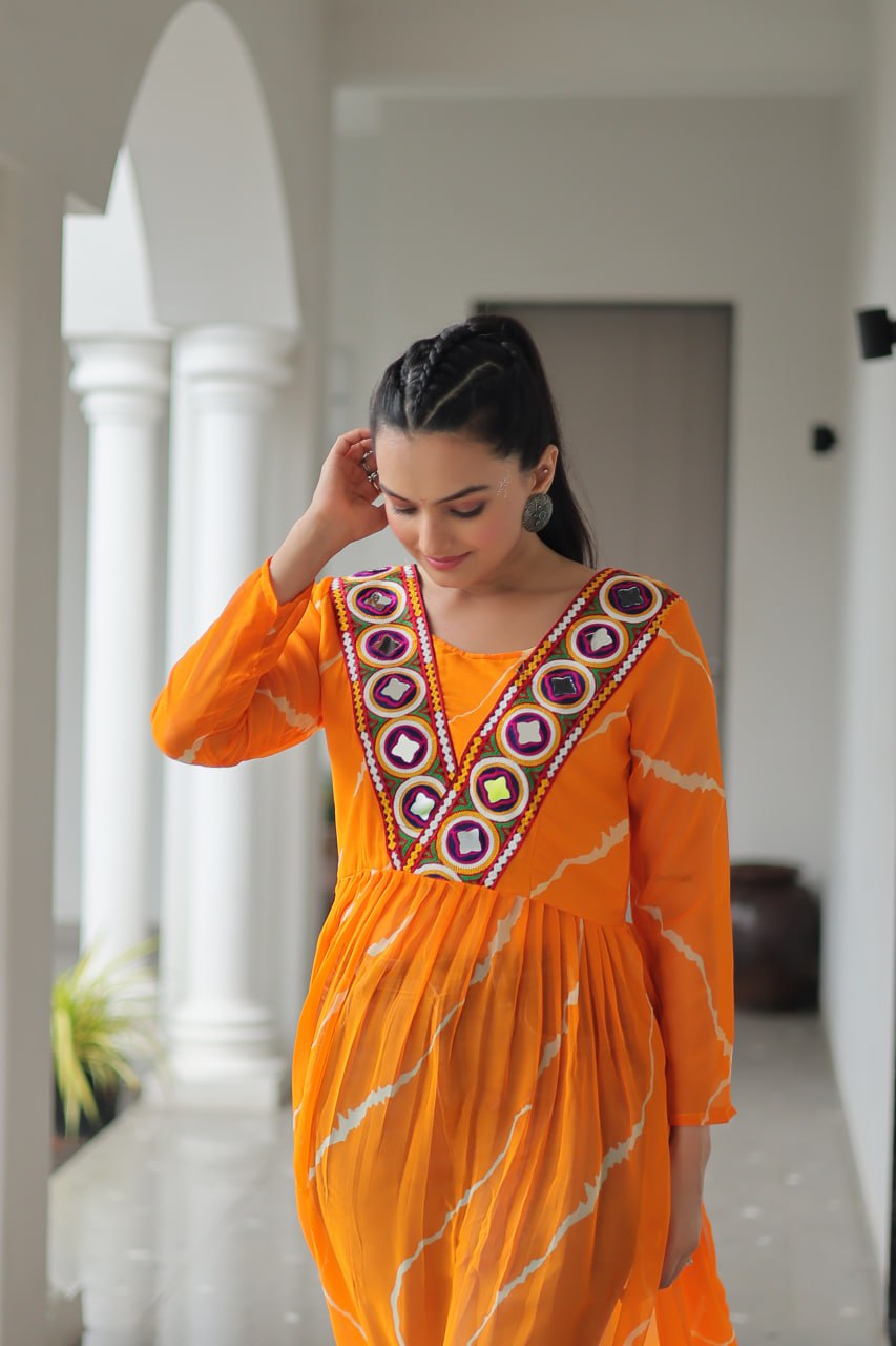 Yellow Leheriya Print Work With Kutchi Patchework Navratri Kurti