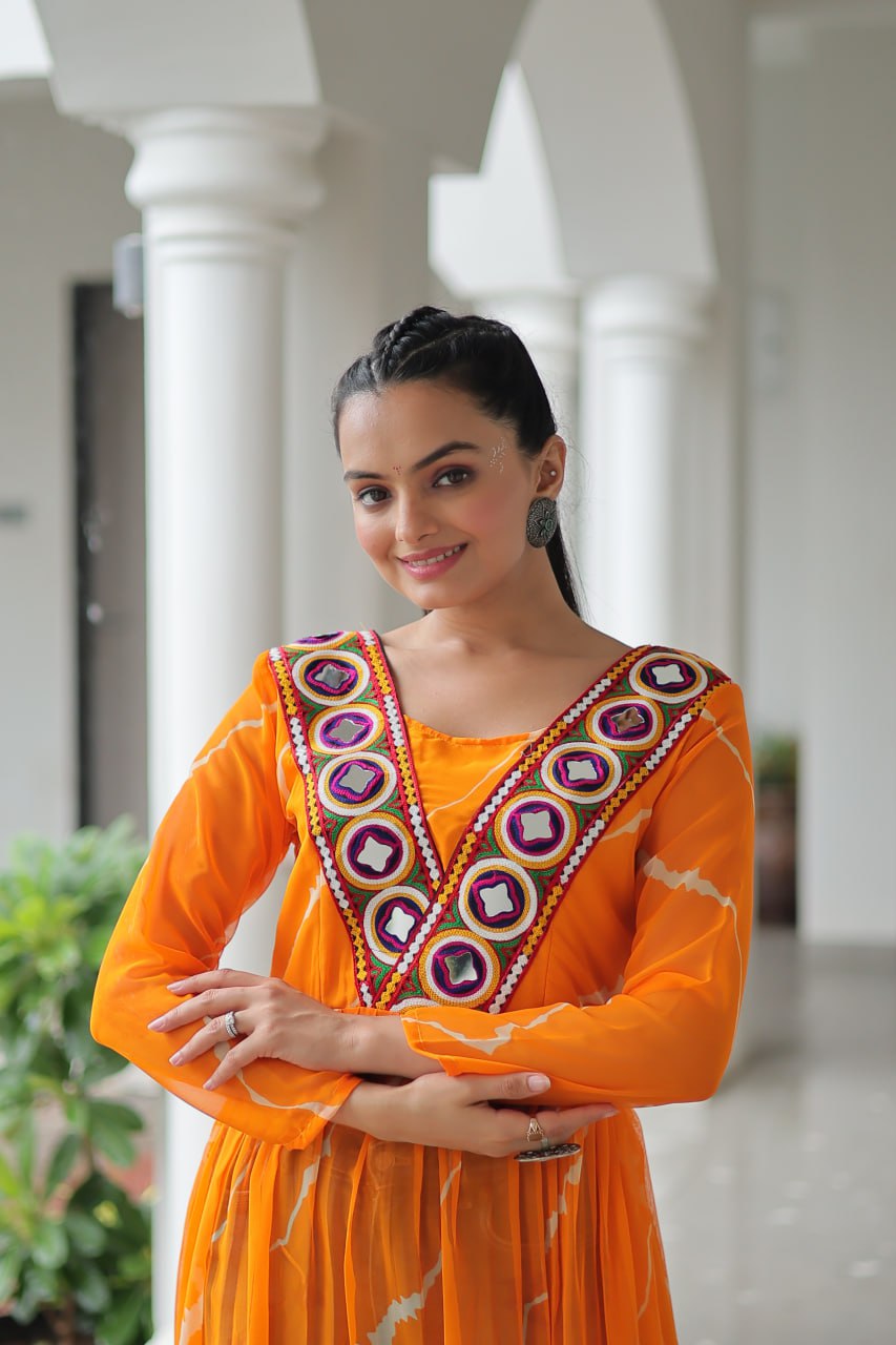 Yellow Leheriya Print Work With Kutchi Patchework Navratri Kurti