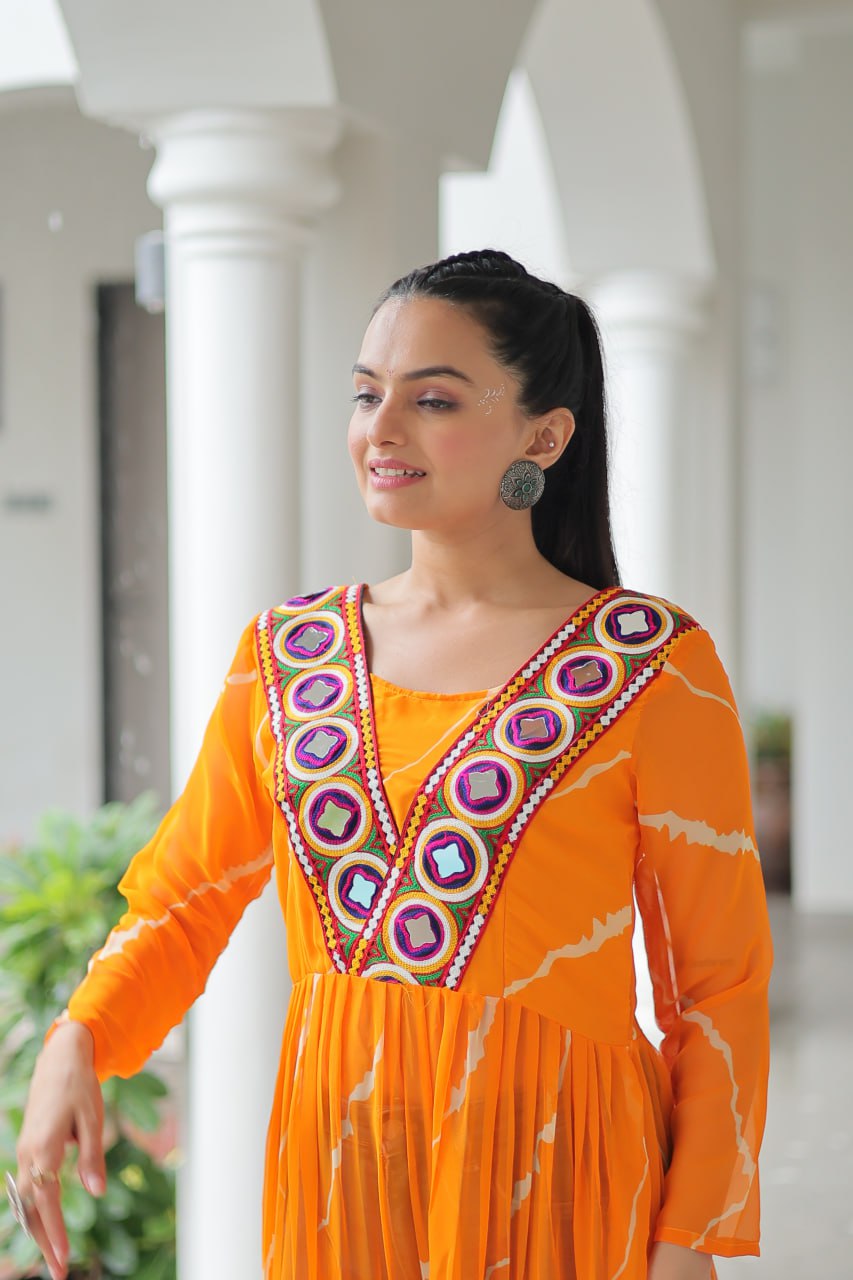 Yellow Leheriya Print Work With Kutchi Patchework Navratri Kurti