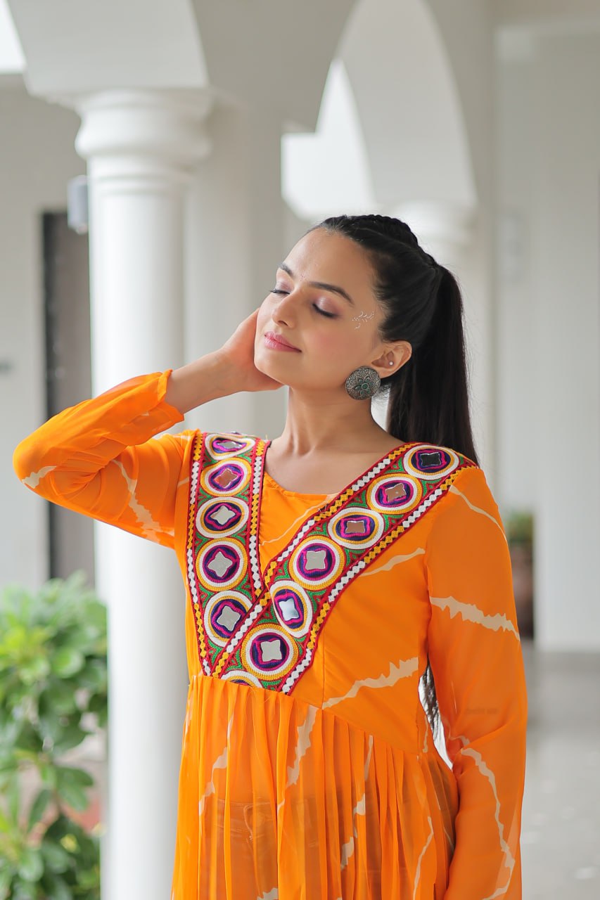 Yellow Leheriya Print Work With Kutchi Patchework Navratri Kurti