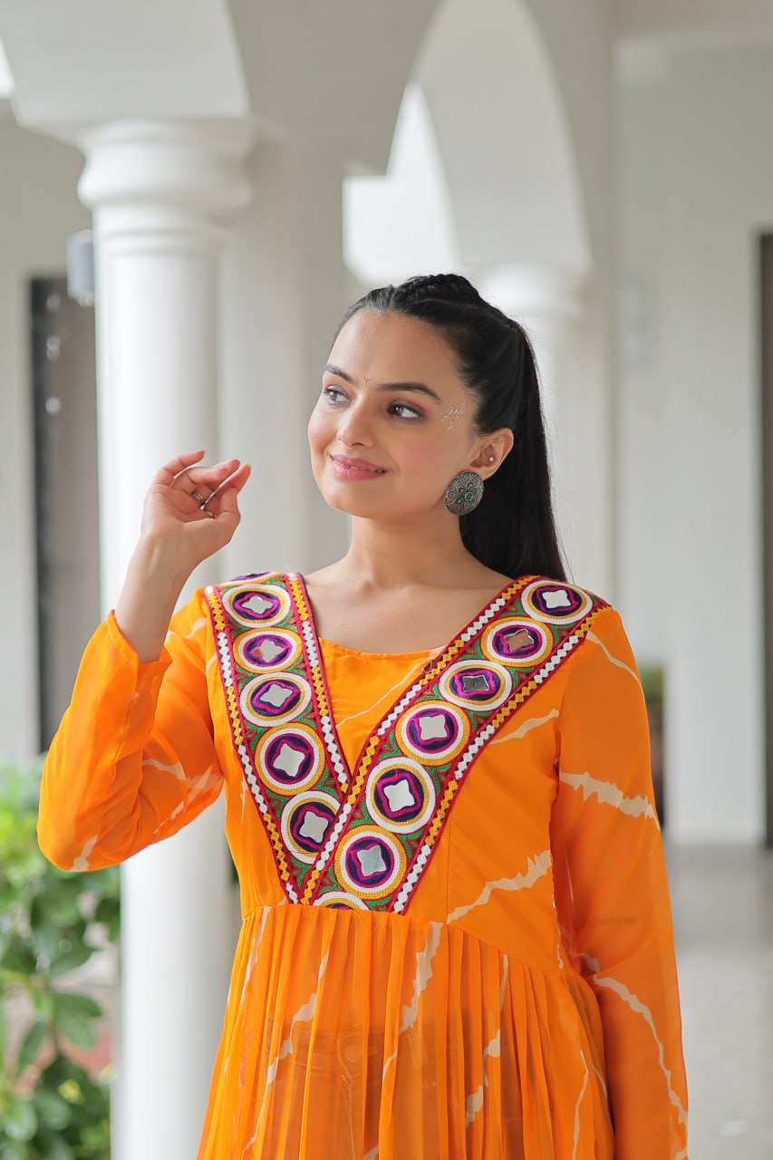 Yellow Leheriya Print Work With Kutchi Patchework Navratri Kurti