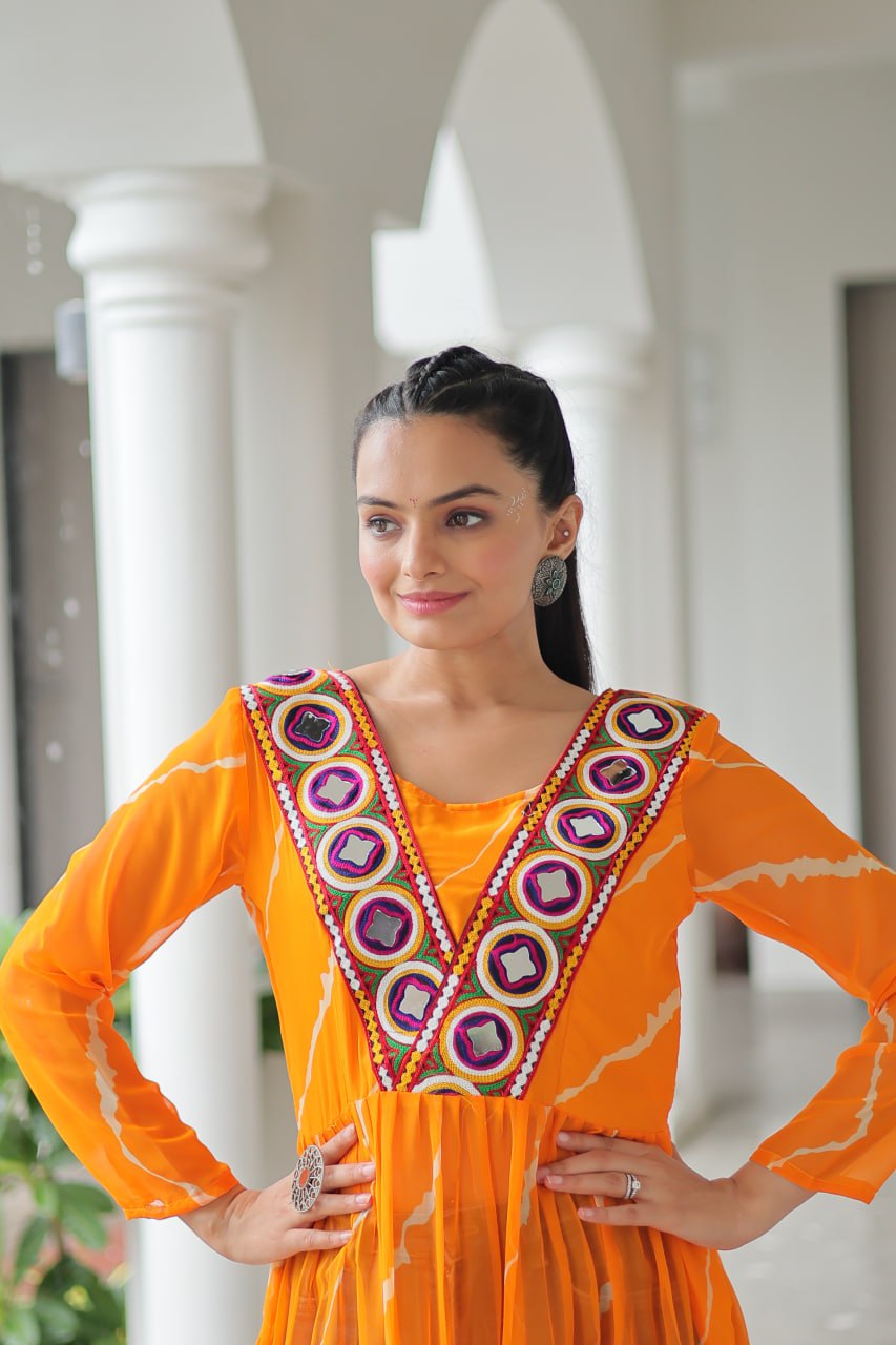Yellow Leheriya Print Work With Kutchi Patchework Navratri Kurti