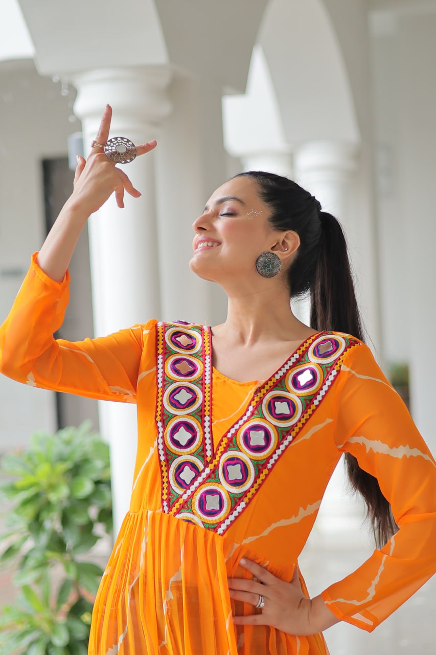 Yellow Leheriya Print Work With Kutchi Patchework Navratri Kurti