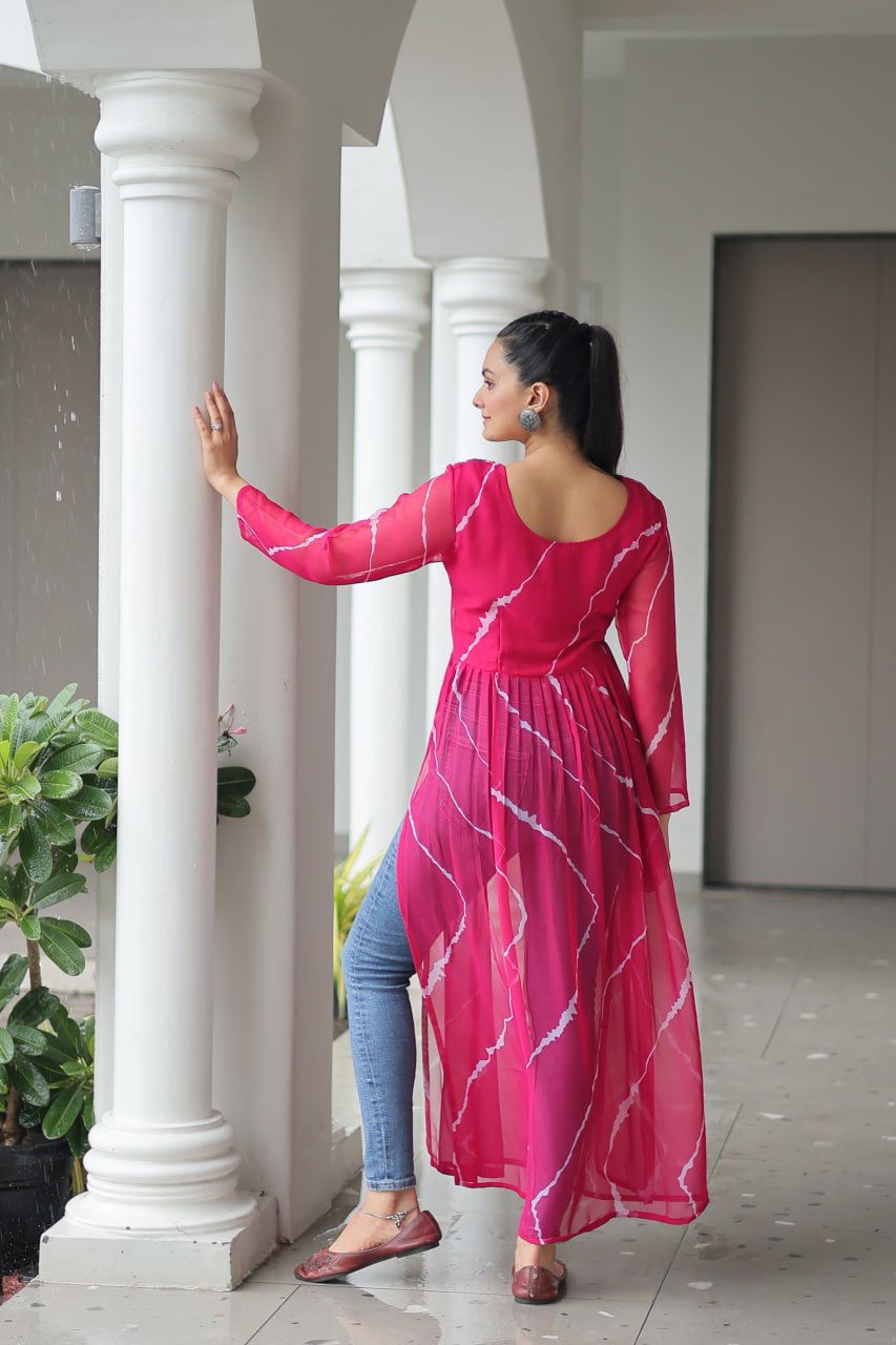 Pink Leheriya Print Work With Kutchi Patchework Navratri Kurti