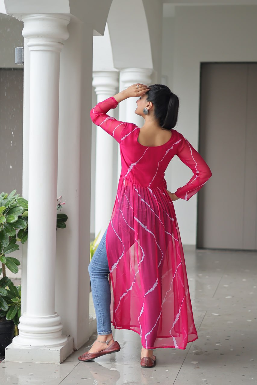 Pink Leheriya Print Work With Kutchi Patchework Navratri Kurti