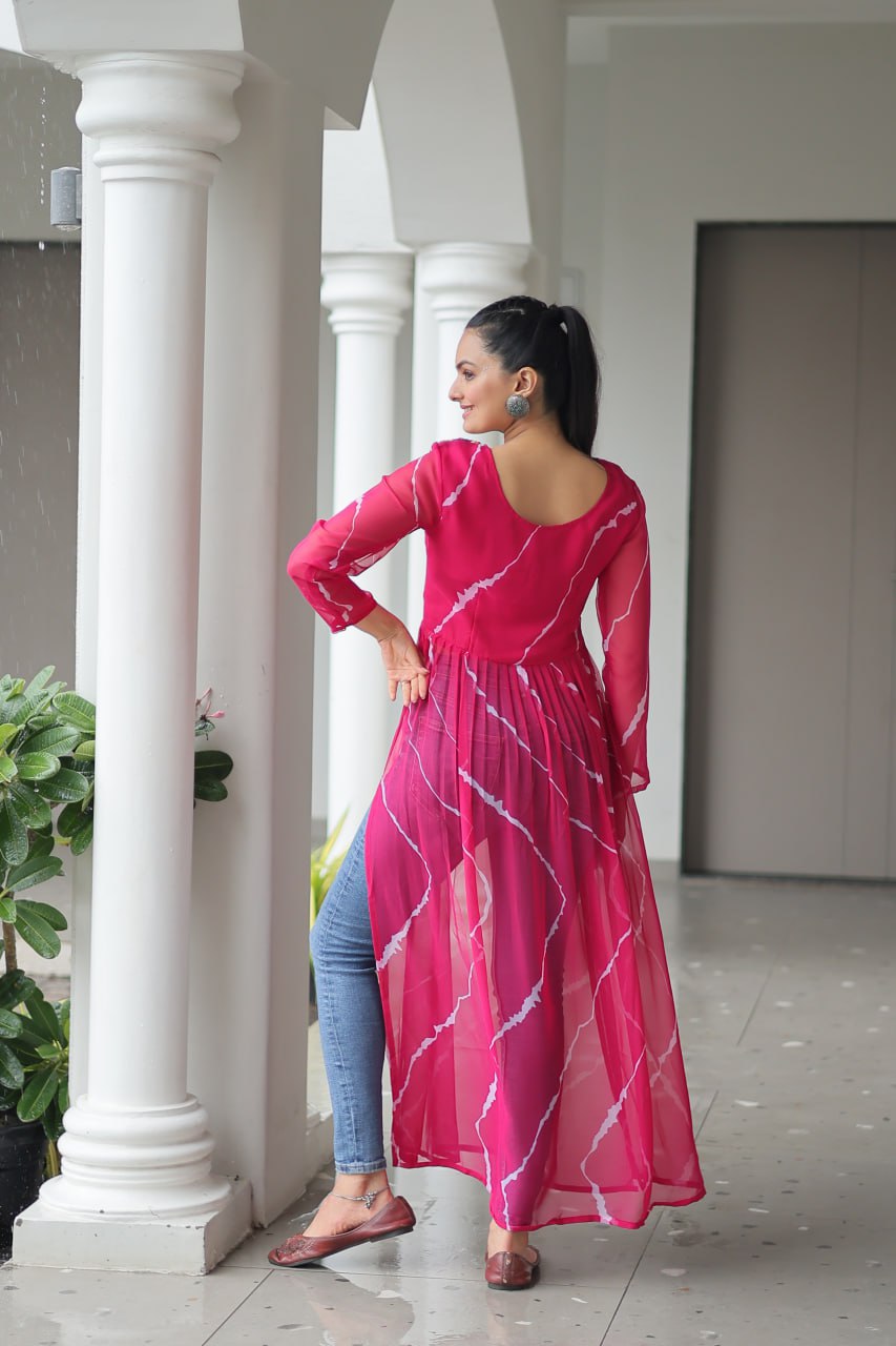 Pink Leheriya Print Work With Kutchi Patchework Navratri Kurti