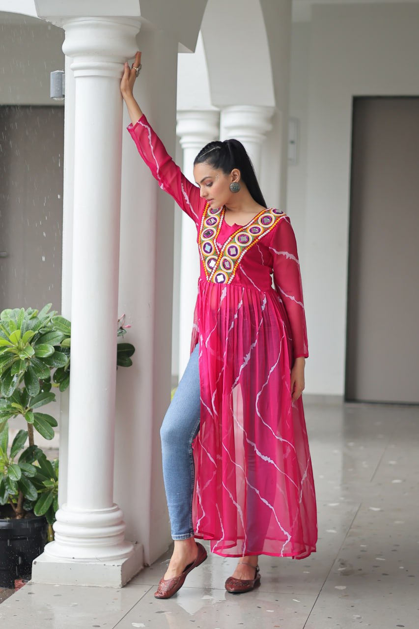 Pink Leheriya Print Work With Kutchi Patchework Navratri Kurti
