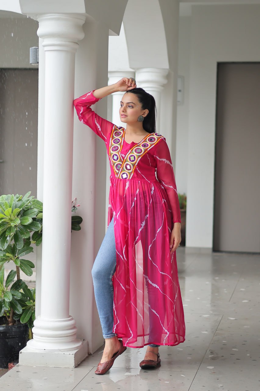 Pink Leheriya Print Work With Kutchi Patchework Navratri Kurti