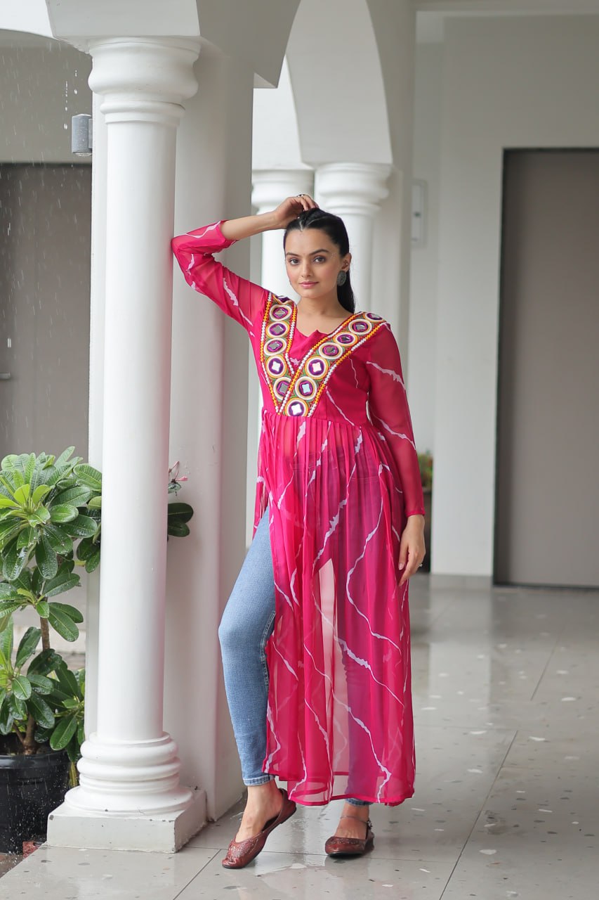 Pink Leheriya Print Work With Kutchi Patchework Navratri Kurti