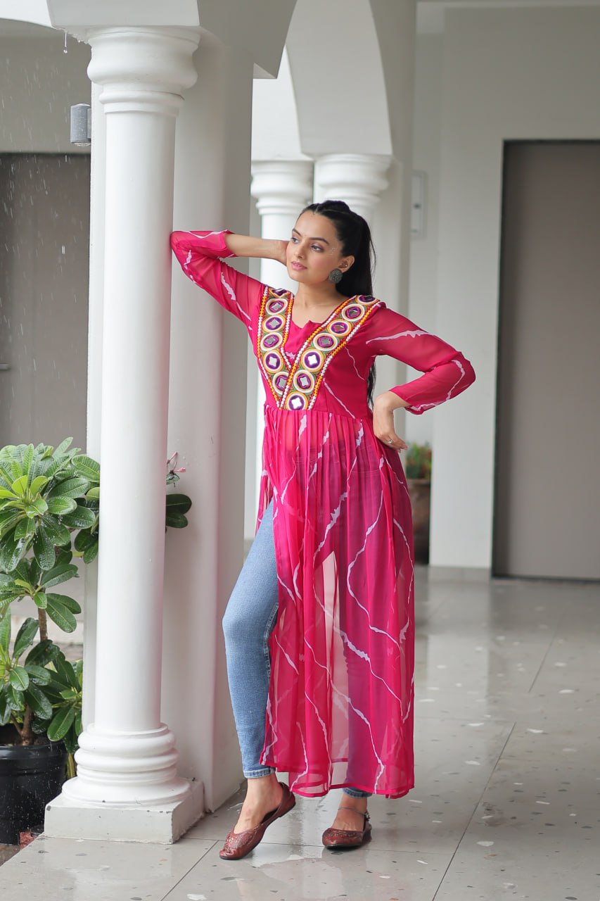Pink Leheriya Print Work With Kutchi Patchework Navratri Kurti