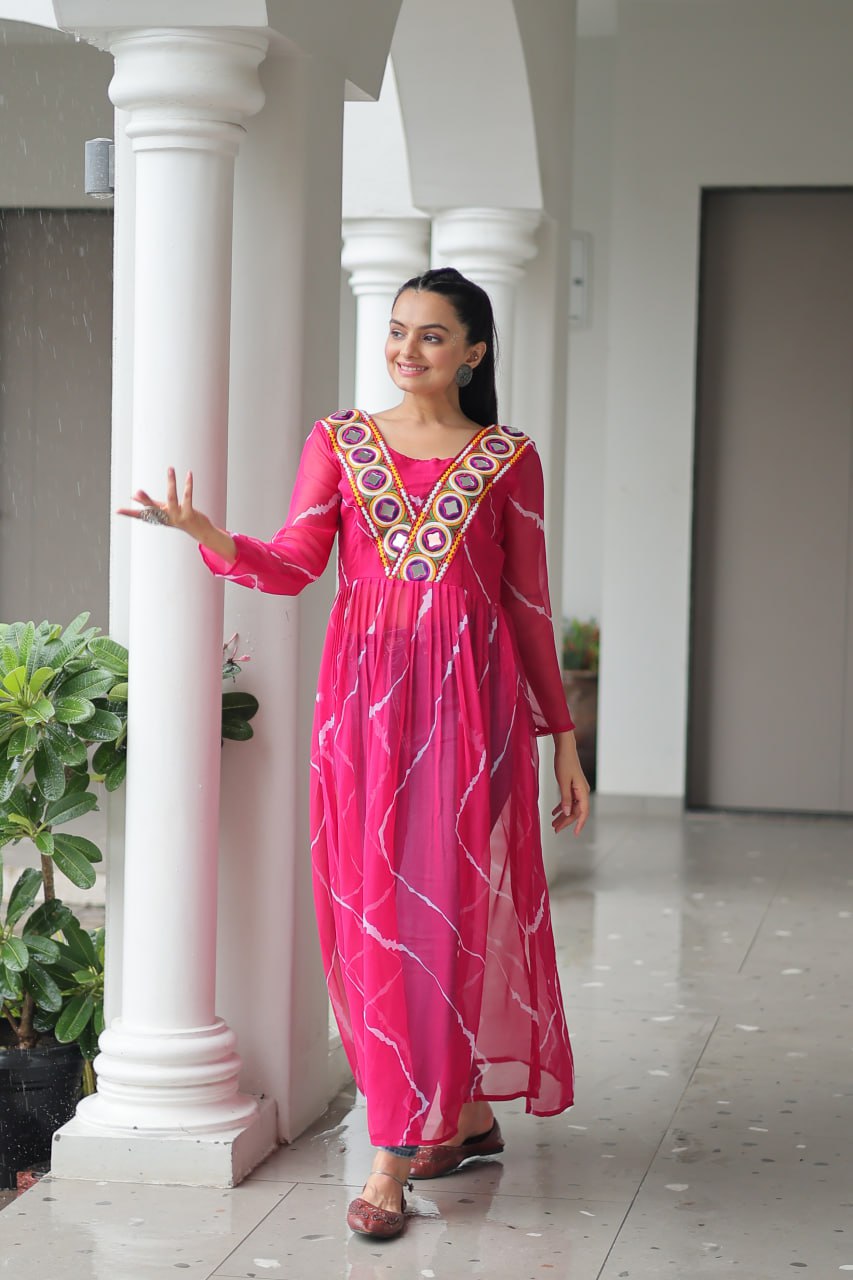 Pink Leheriya Print Work With Kutchi Patchework Navratri Kurti