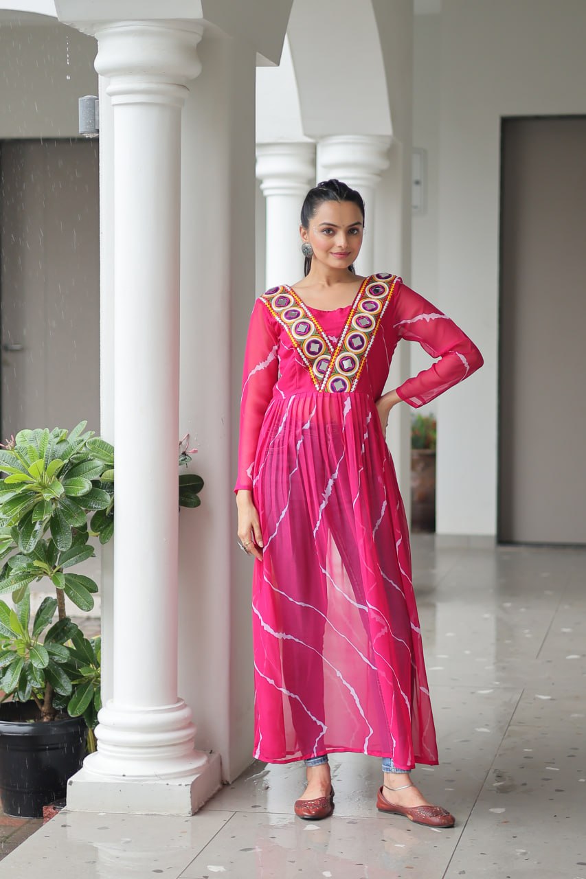 Pink Leheriya Print Work With Kutchi Patchework Navratri Kurti