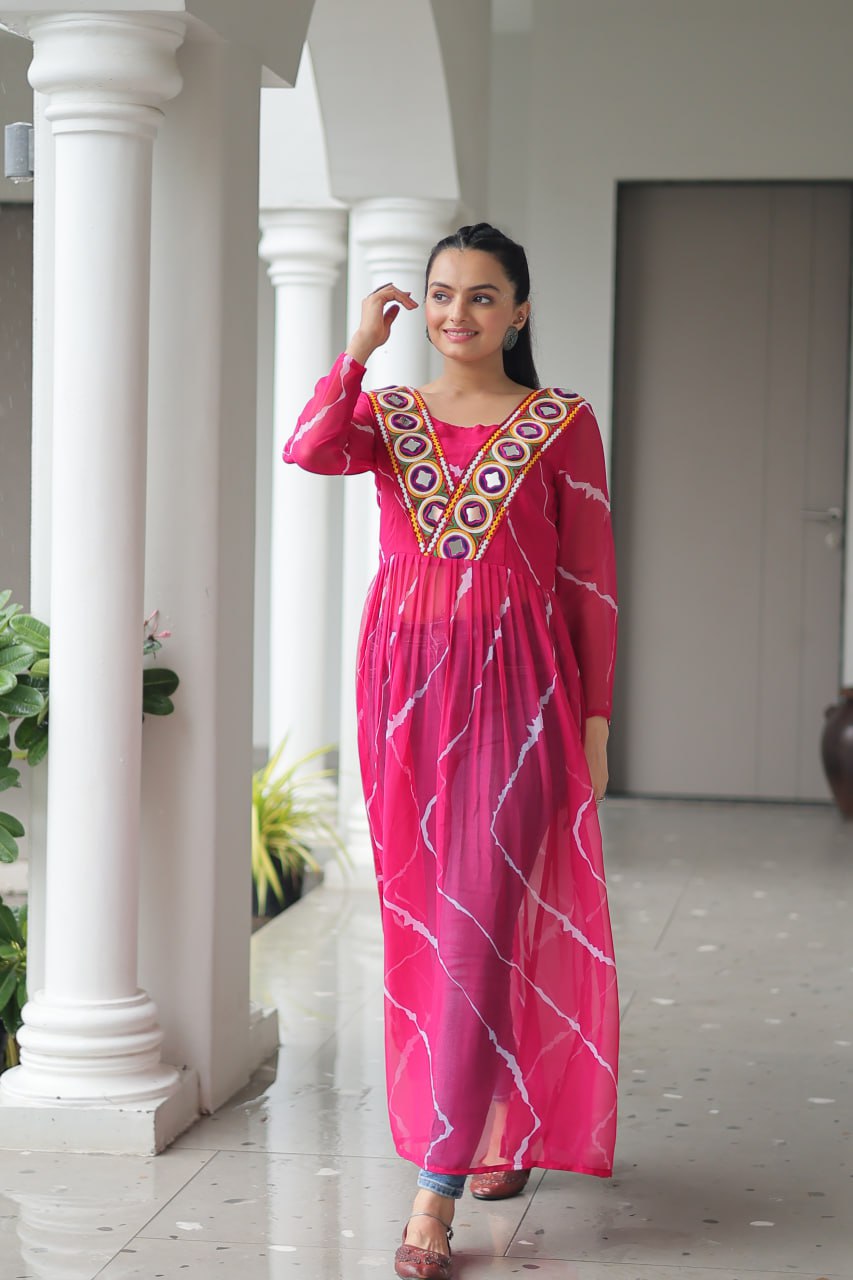 Pink Leheriya Print Work With Kutchi Patchework Navratri Kurti