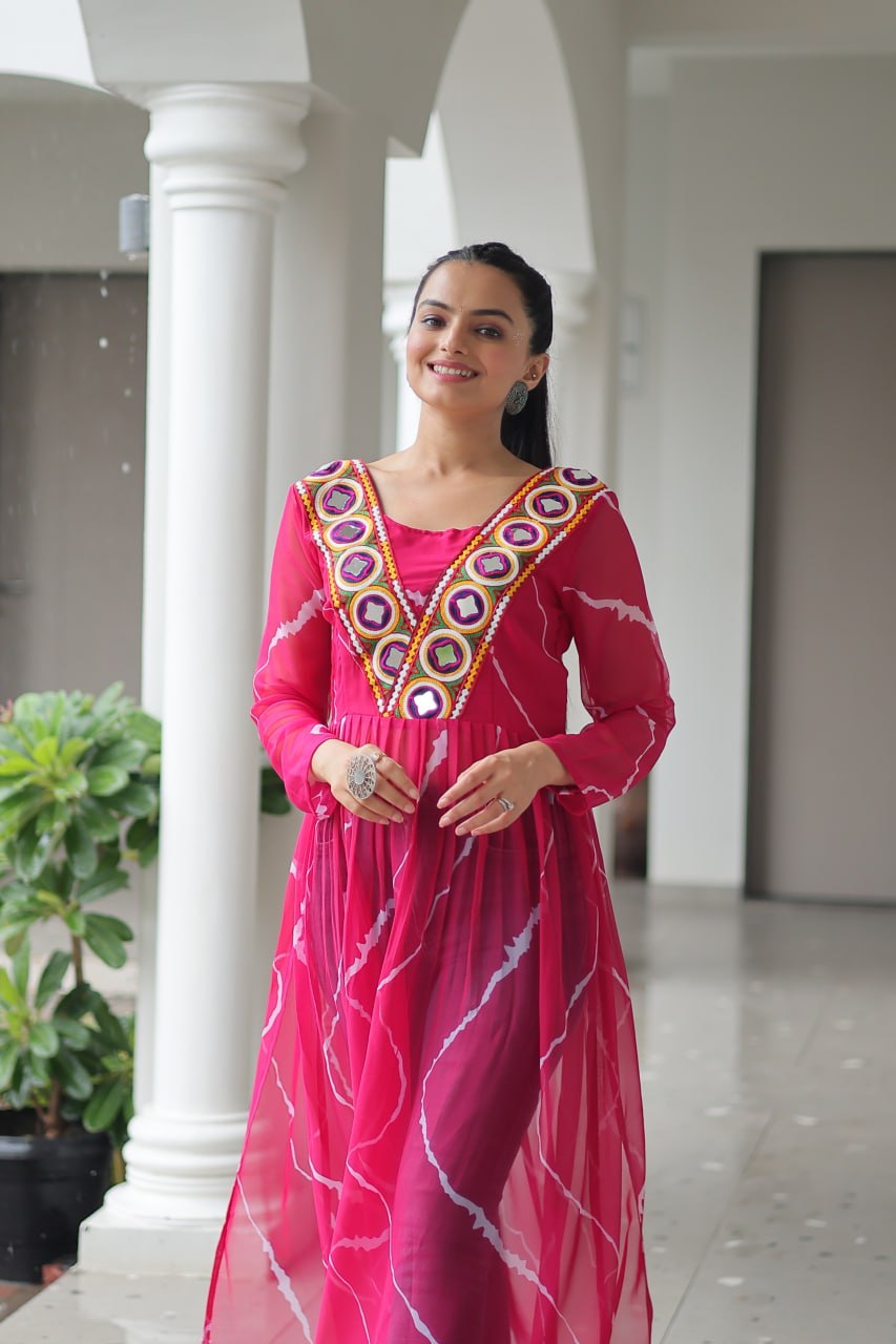 Pink Leheriya Print Work With Kutchi Patchework Navratri Kurti