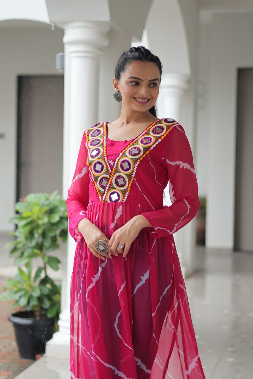 Pink Leheriya Print Work With Kutchi Patchework Navratri Kurti