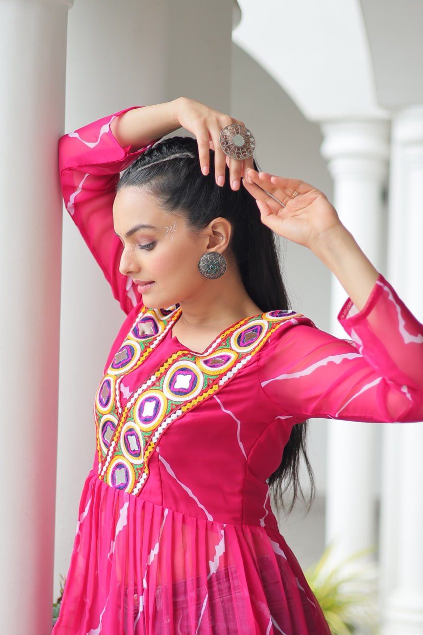 Pink Leheriya Print Work With Kutchi Patchework Navratri Kurti