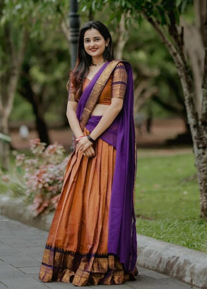 Rust brown and purple Kanchi cotton half saree lehenga with zari temple border