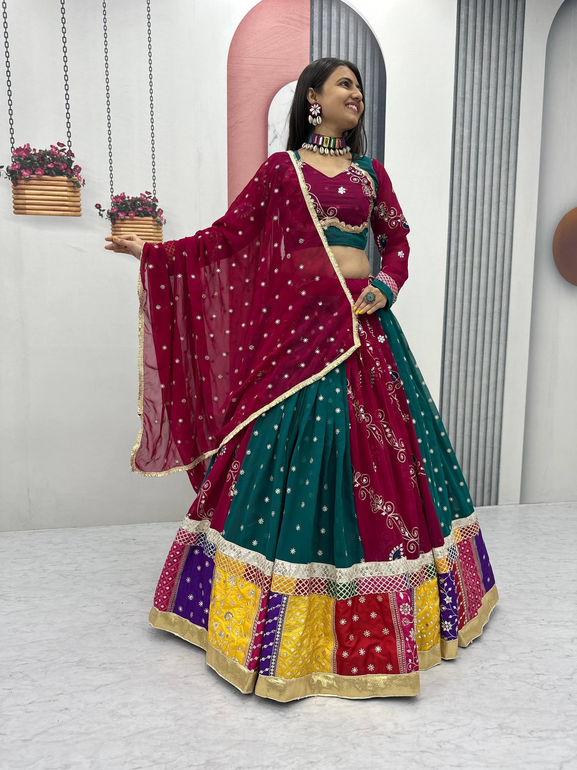 Peacock Teal & Maroon Multi-Color Patchwork Fox Georgette Embroidery Thread & Sequin Work Navratri Chaniya Choli Set