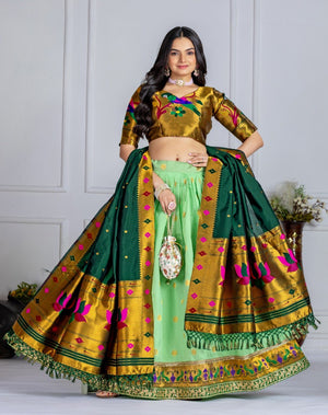 Pista Green and Dark Green Jacquard Lichi Silk Half Saree with Zari Weaving and Embroidery Lace Work by The Beauty Queen Surat