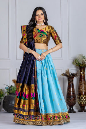 Sky Blue and Navy Blue Jacquard Lichi Silk Half Saree with Zari Weaving and Embroidery Lace Work by The Beauty Queen Surat