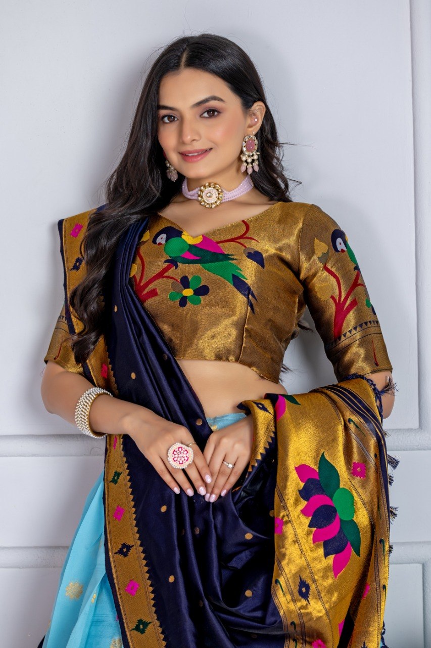 Sky Blue Jacquard Lichi Silk Half Saree – Zari Weaving with Embroidery Lace Work
