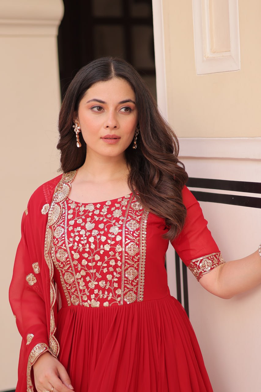 Red Faux Blooming With Embroidery Zari Sequins Work Gown